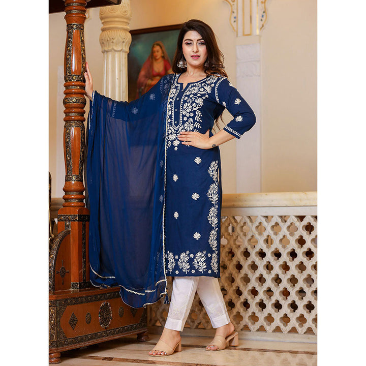 KAAJH Navy Blue Lucknow Chikankari Kurta with Pant & Dupatta (Set of 3)