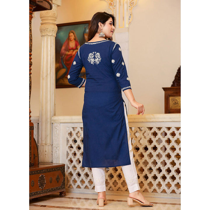 KAAJH Navy Blue Lucknow Chikankari Kurta with Pant & Dupatta (Set of 3)