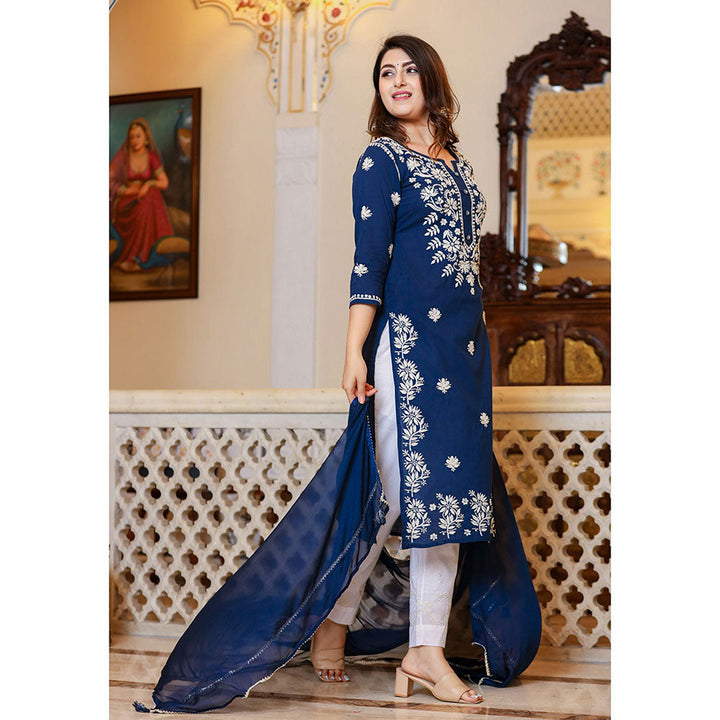 KAAJH Navy Blue Lucknow Chikankari Kurta with Pant & Dupatta (Set of 3)