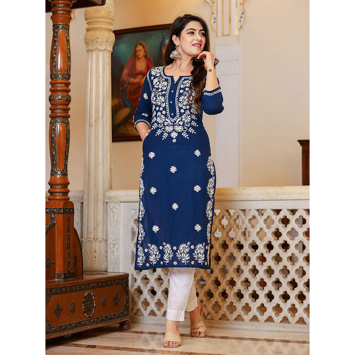 KAAJH Navy Blue Lucknow Chikankari Kurta with Pant & Dupatta (Set of 3)