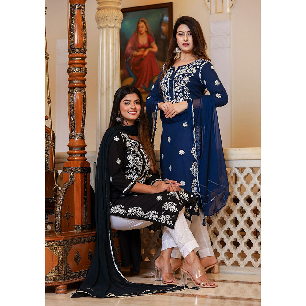 KAAJH Navy Blue Lucknow Chikankari Kurta with Pant & Dupatta (Set of 3)