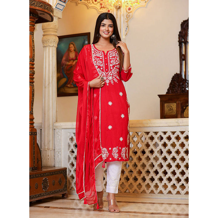 KAAJH Red Lucknow Chikankari Kurta with Pant & Dupatta (Set of 3)