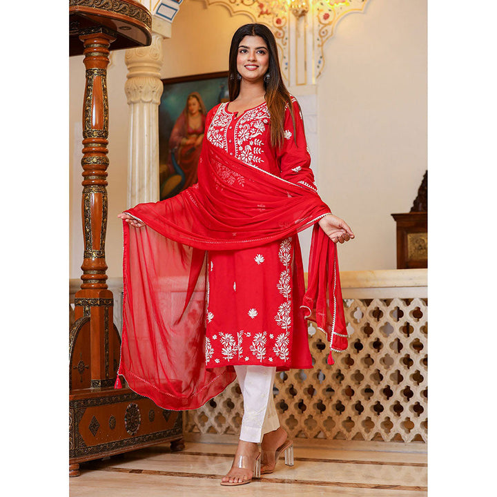 KAAJH Red Lucknow Chikankari Kurta with Pant & Dupatta (Set of 3)