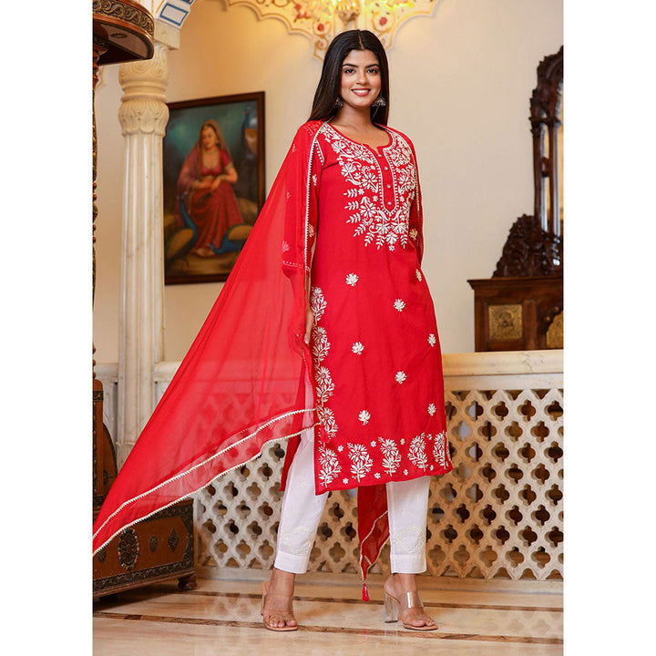 KAAJH Red Lucknow Chikankari Kurta with Pant & Dupatta (Set of 3)