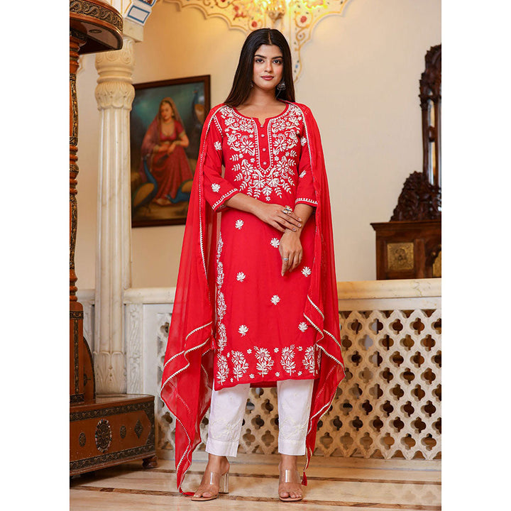 KAAJH Red Lucknow Chikankari Kurta with Pant & Dupatta (Set of 3)