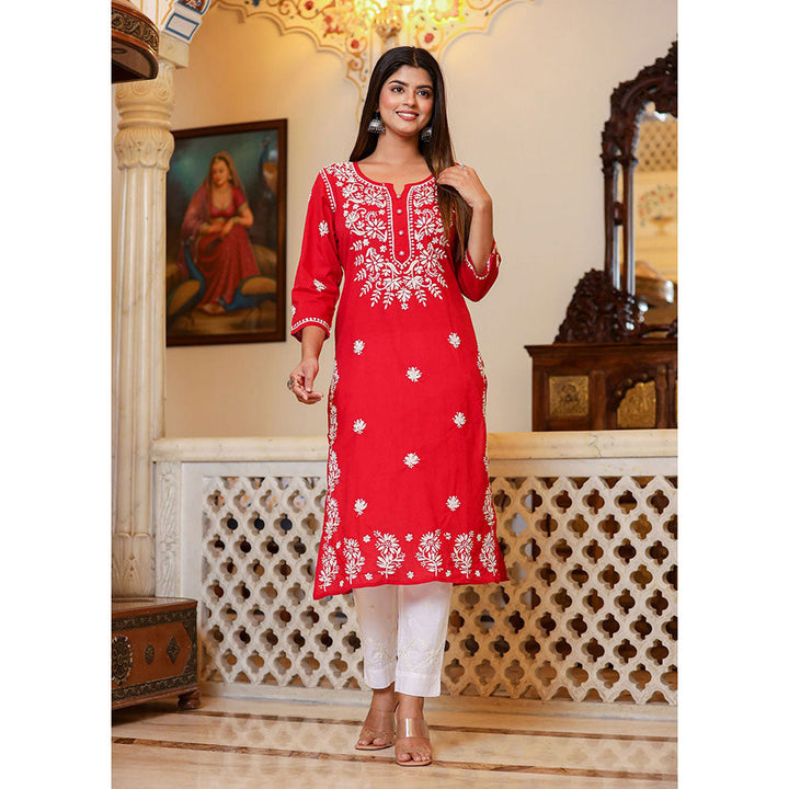 KAAJH Red Lucknow Chikankari Kurta with Pant & Dupatta (Set of 3)