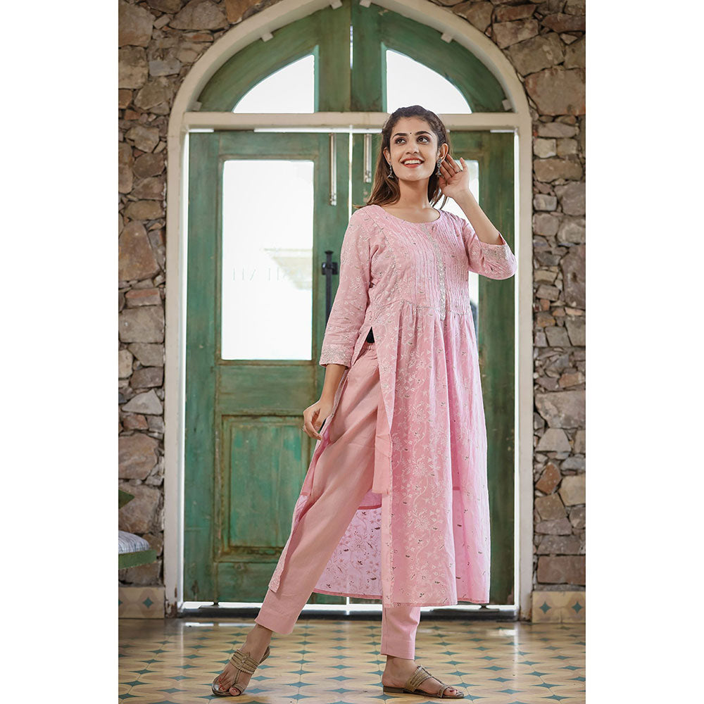 KAAJH Pink Printed Cotton Kurta Pant with Dupatta (Set of 3)