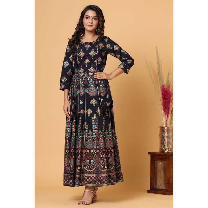 KAAJH Blue Gold Print A-Line Ethnic Dress