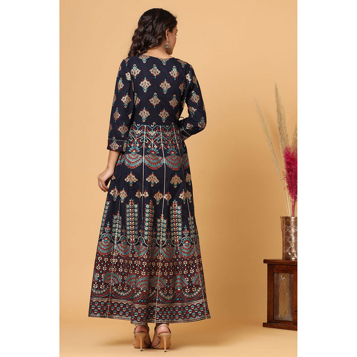 KAAJH Blue Gold Print A-Line Ethnic Dress