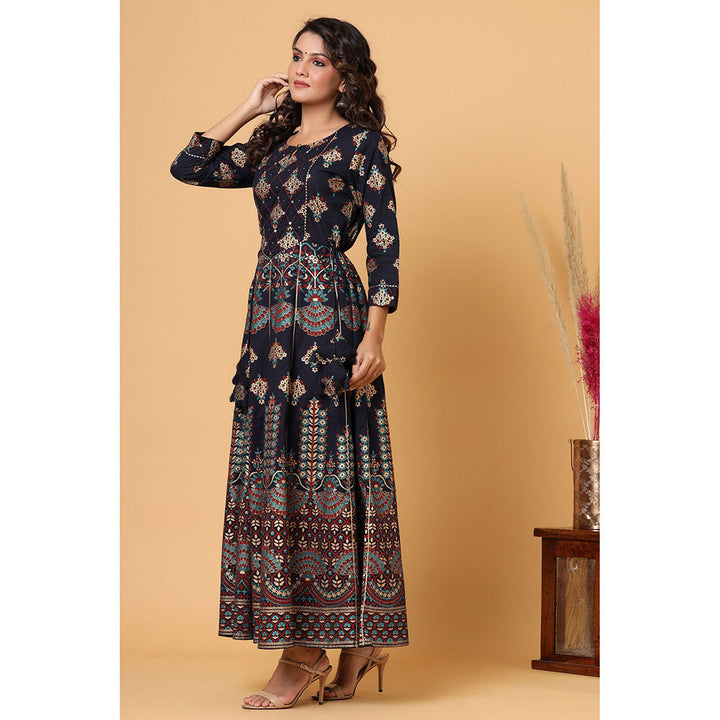 KAAJH Blue Gold Print A-Line Ethnic Dress