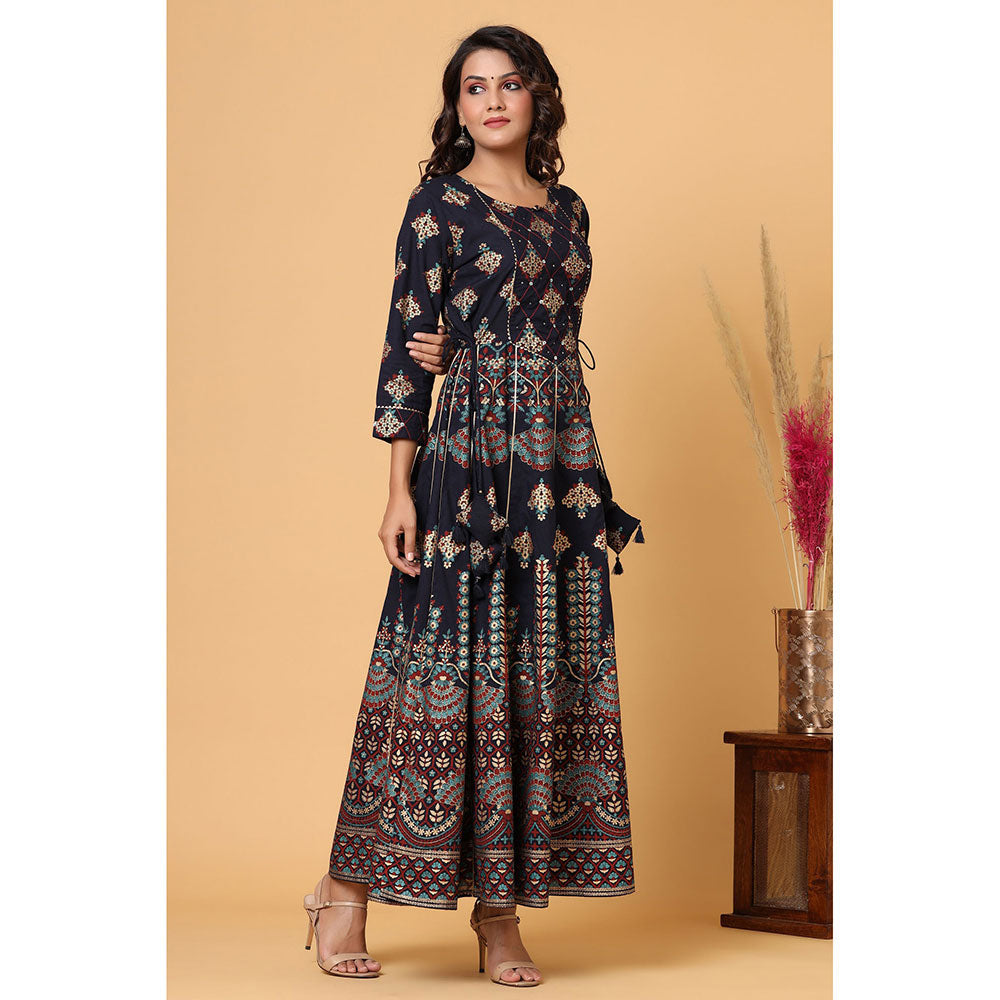 KAAJH Blue Gold Print A-Line Ethnic Dress