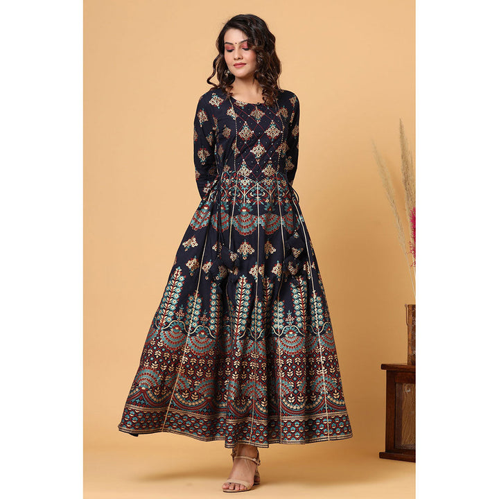 KAAJH Blue Gold Print A-Line Ethnic Dress