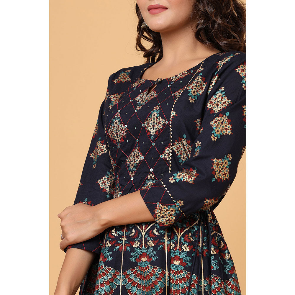 KAAJH Blue Gold Print A-Line Ethnic Dress