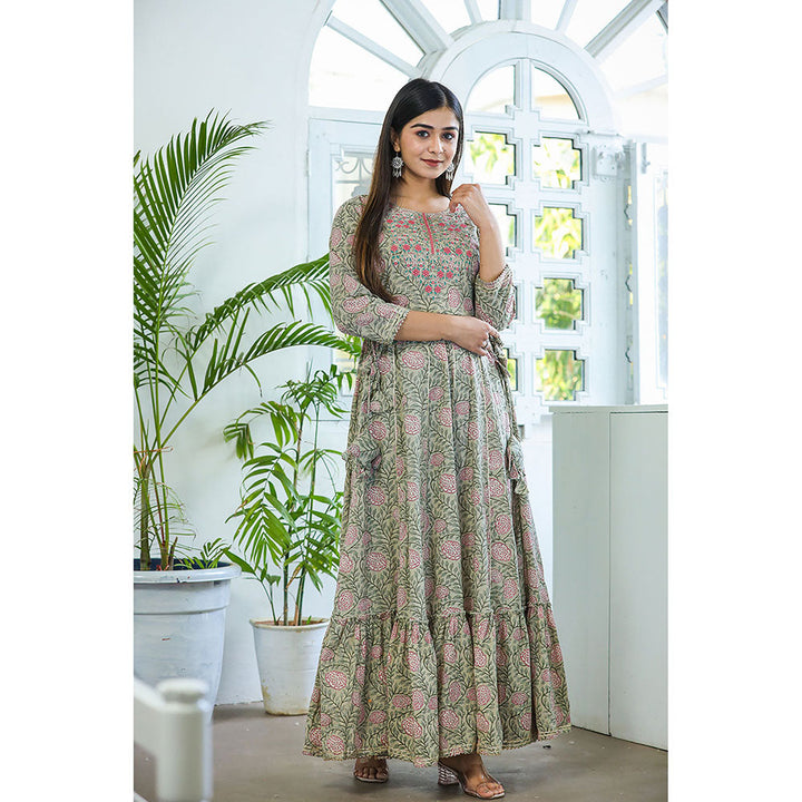 KAAJH Green Embroidered Cotton A-Line Ethnic Dress