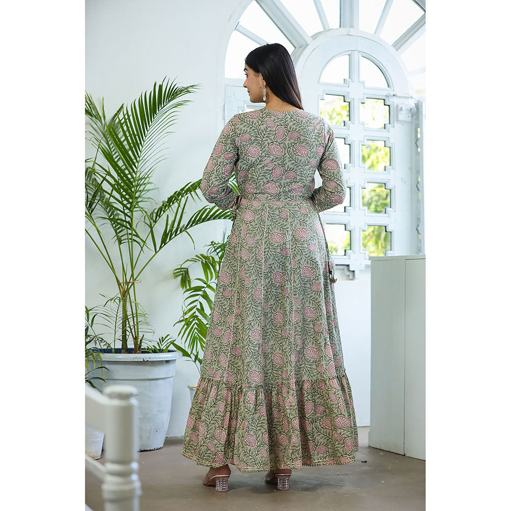 KAAJH Green Embroidered Cotton A-Line Ethnic Dress