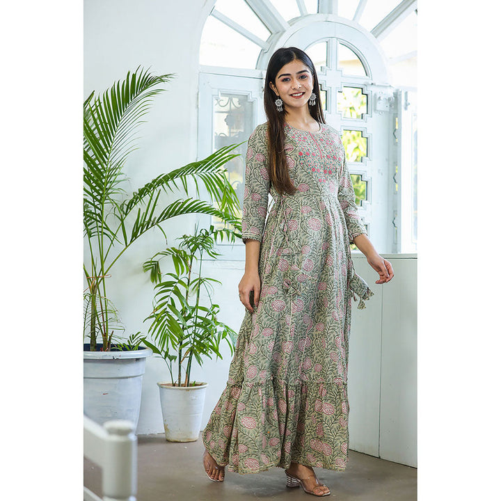 KAAJH Green Embroidered Cotton A-Line Ethnic Dress