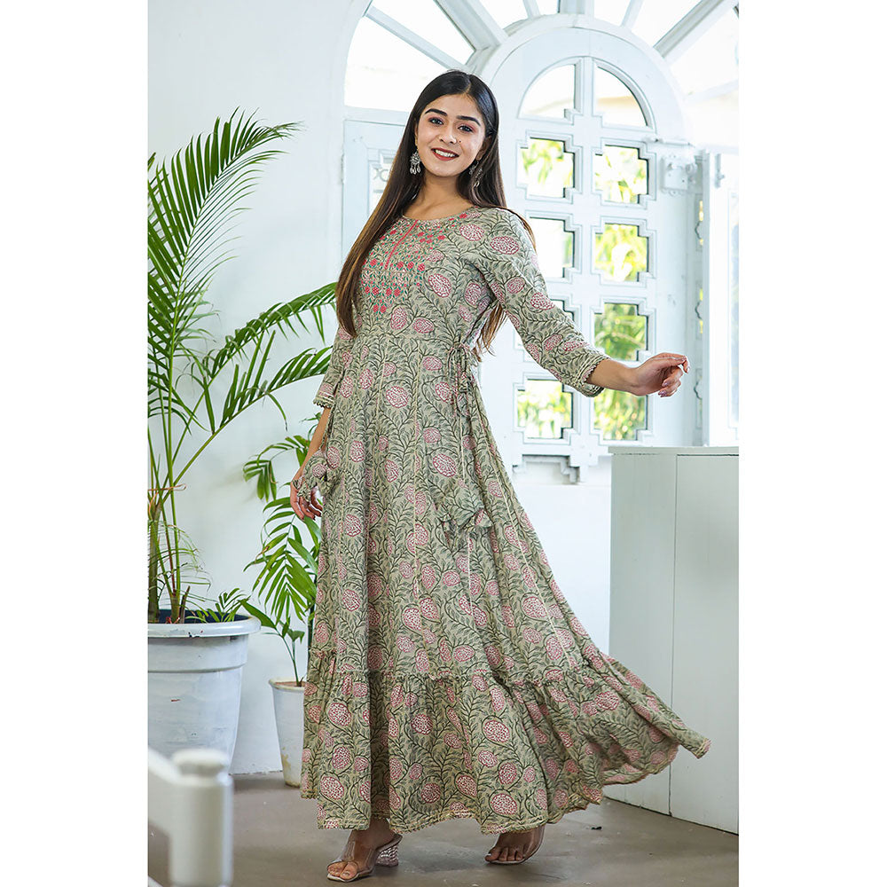 KAAJH Green Embroidered Cotton A-Line Ethnic Dress