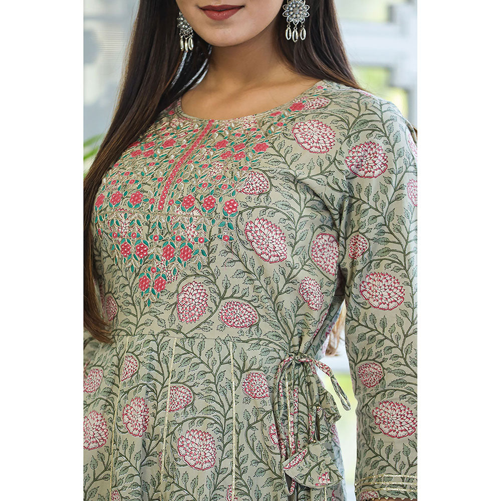 KAAJH Green Embroidered Cotton A-Line Ethnic Dress