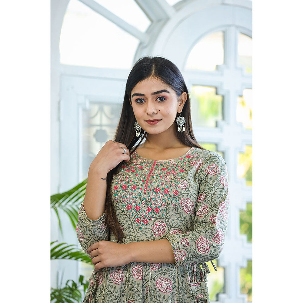 KAAJH Green Embroidered Cotton A-Line Ethnic Dress