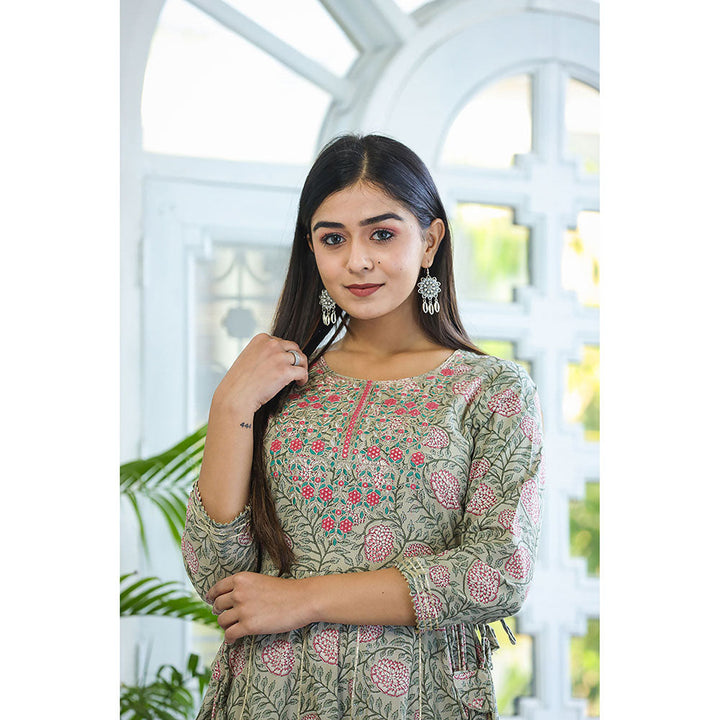 KAAJH Green Embroidered Cotton A-Line Ethnic Dress