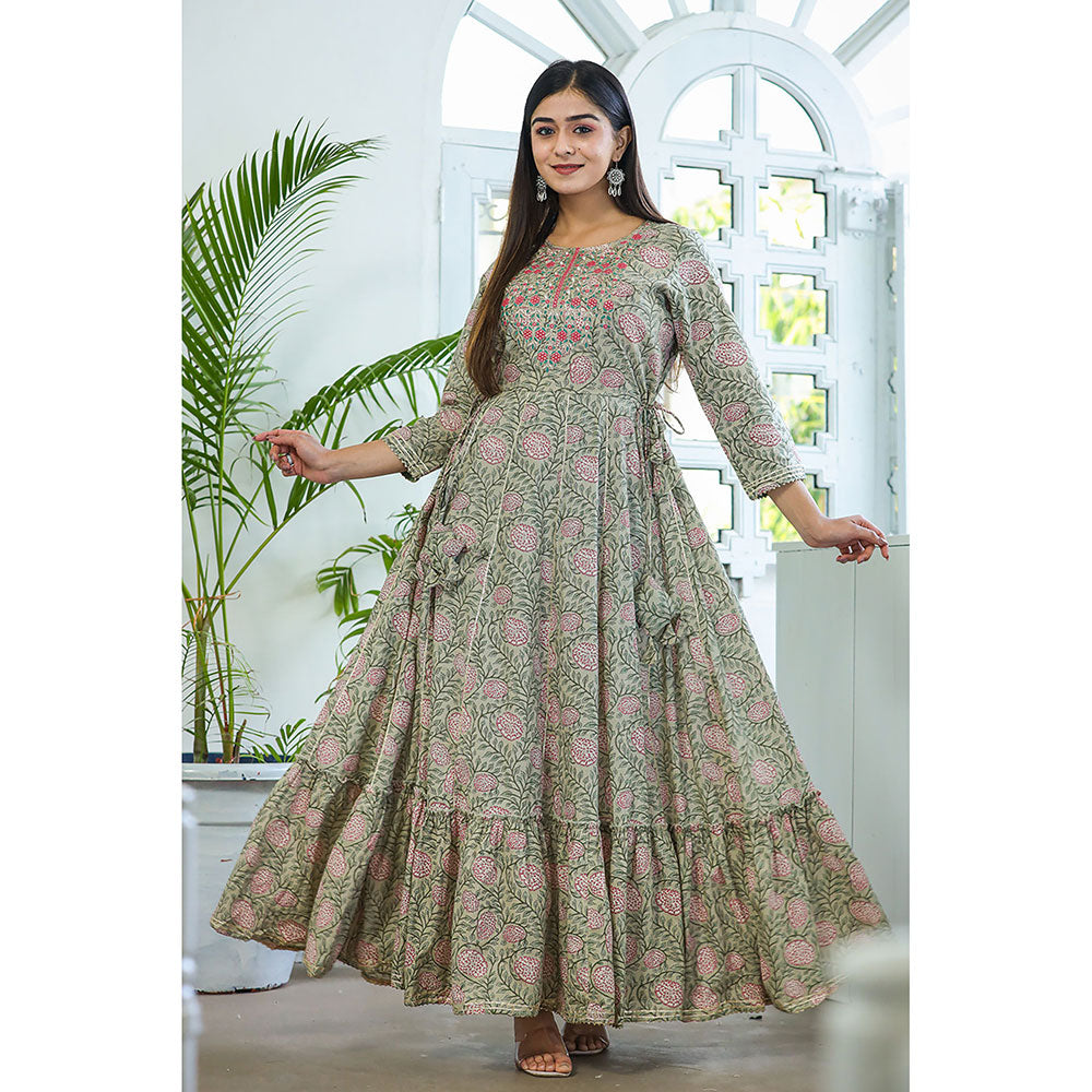 KAAJH Green Embroidered Cotton A-Line Ethnic Dress