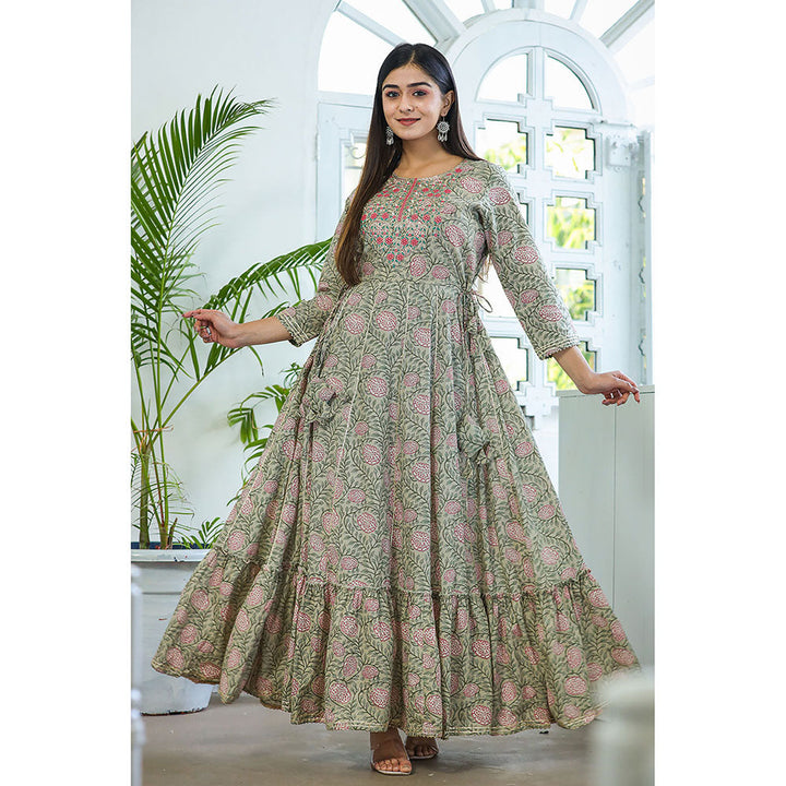 KAAJH Green Embroidered Cotton A-Line Ethnic Dress