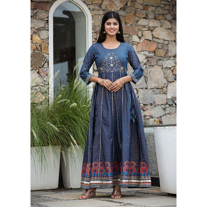 KAAJH Blue Gold Print Cotton Anarkali Dress