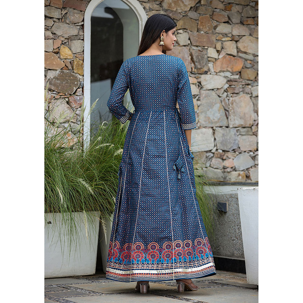 KAAJH Blue Gold Print Cotton Anarkali Dress