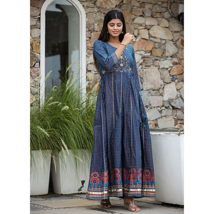 KAAJH Blue Gold Print Cotton Anarkali Dress