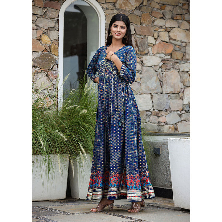 KAAJH Blue Gold Print Cotton Anarkali Dress