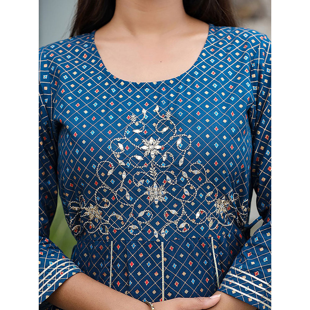 KAAJH Blue Gold Print Cotton Anarkali Dress