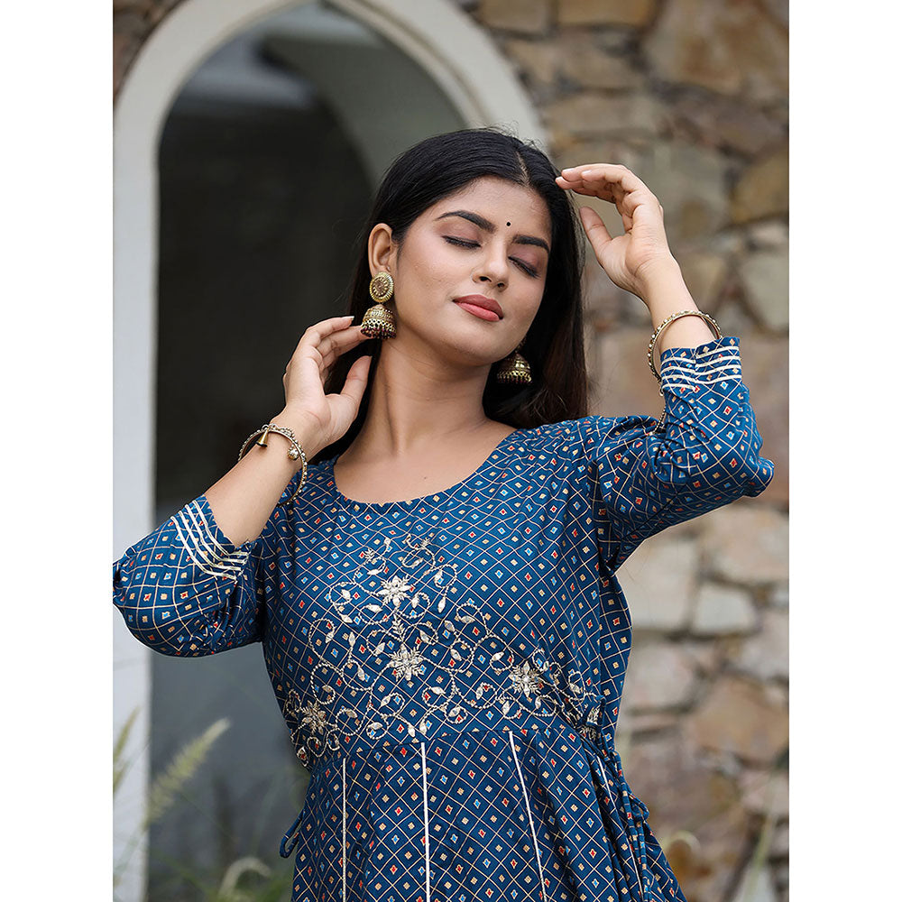 KAAJH Blue Gold Print Cotton Anarkali Dress