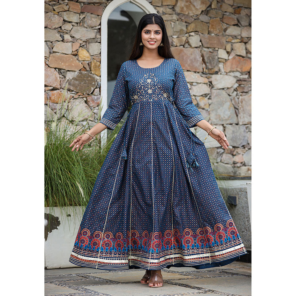 KAAJH Blue Gold Print Cotton Anarkali Dress