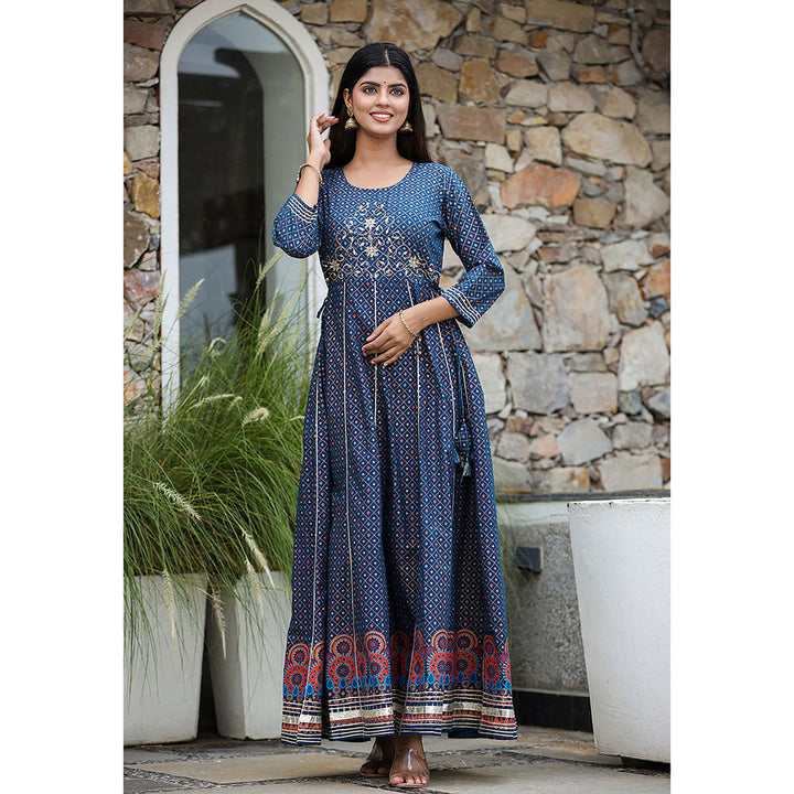 KAAJH Blue Gold Print Cotton Anarkali Dress