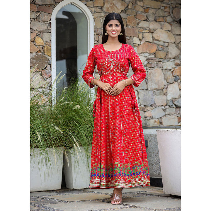 KAAJH Red Gold Print Cotton Anarkali Dress