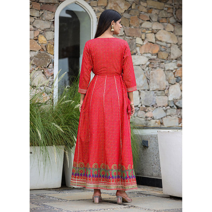 KAAJH Red Gold Print Cotton Anarkali Dress