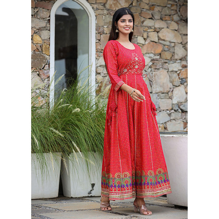 KAAJH Red Gold Print Cotton Anarkali Dress