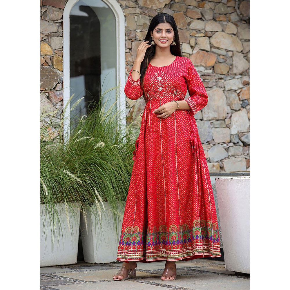 KAAJH Red Gold Print Cotton Anarkali Dress