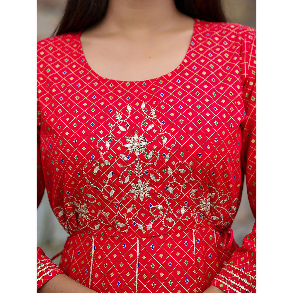 KAAJH Red Gold Print Cotton Anarkali Dress