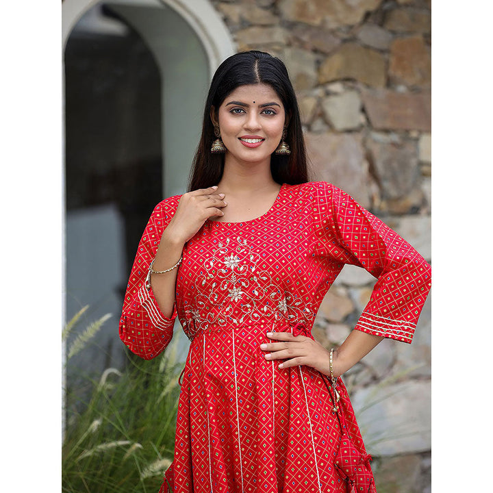 KAAJH Red Gold Print Cotton Anarkali Dress