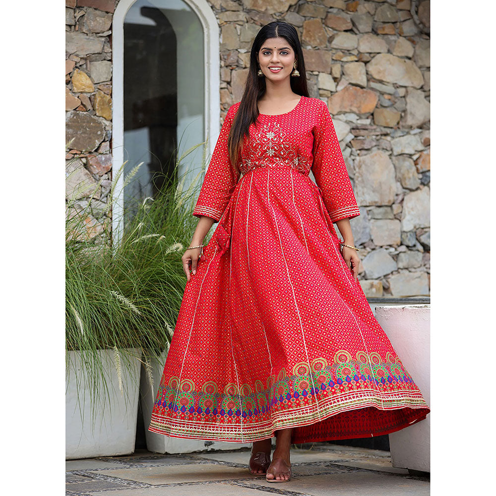 KAAJH Red Gold Print Cotton Anarkali Dress