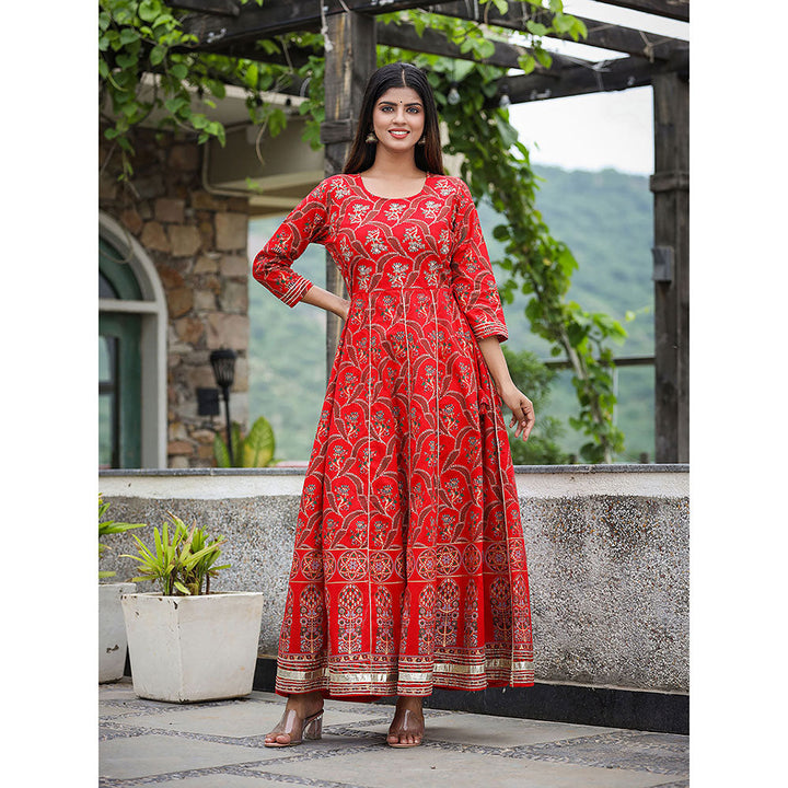 KAAJH Red Gold Print Cotton Ethnic Dress