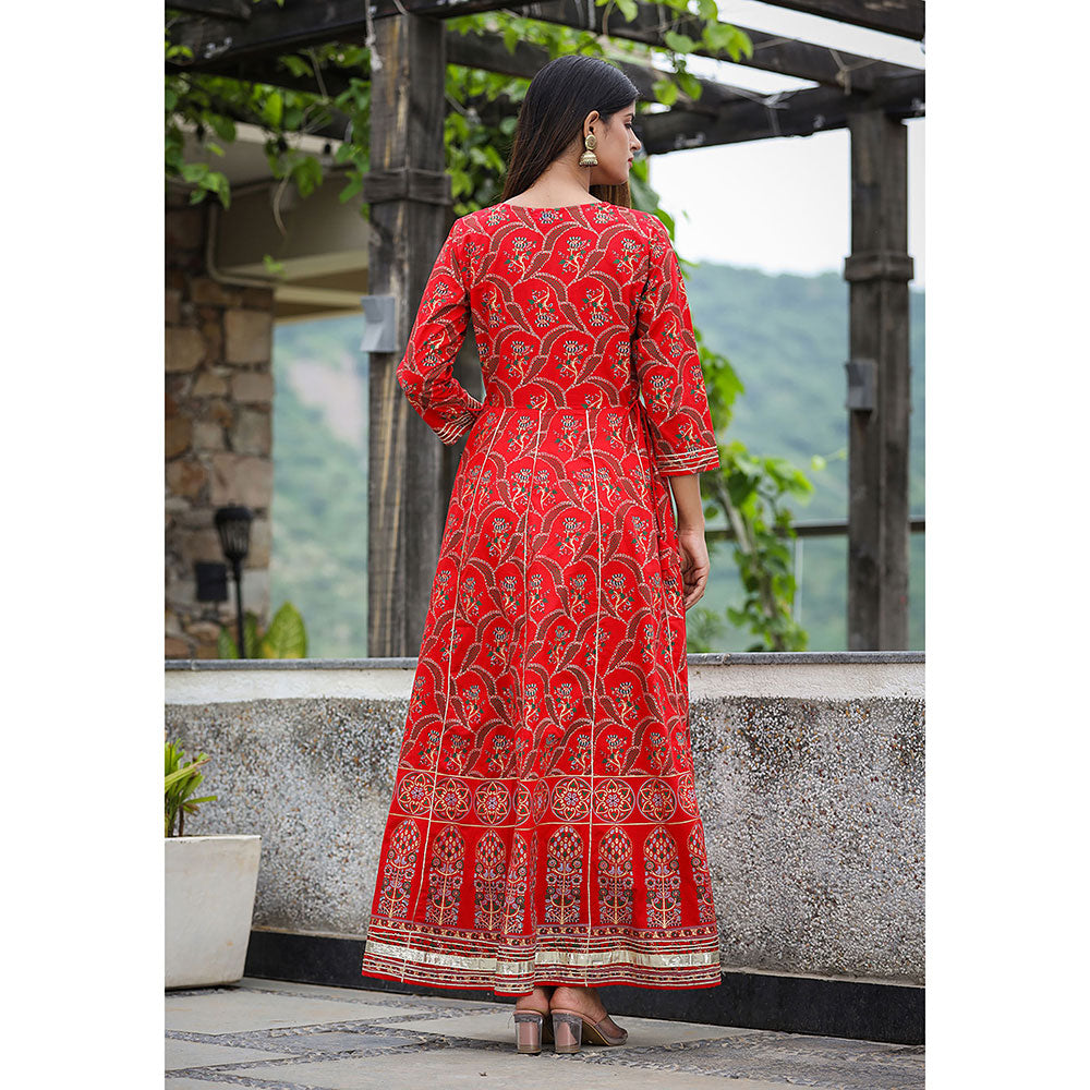 KAAJH Red Gold Print Cotton Ethnic Dress