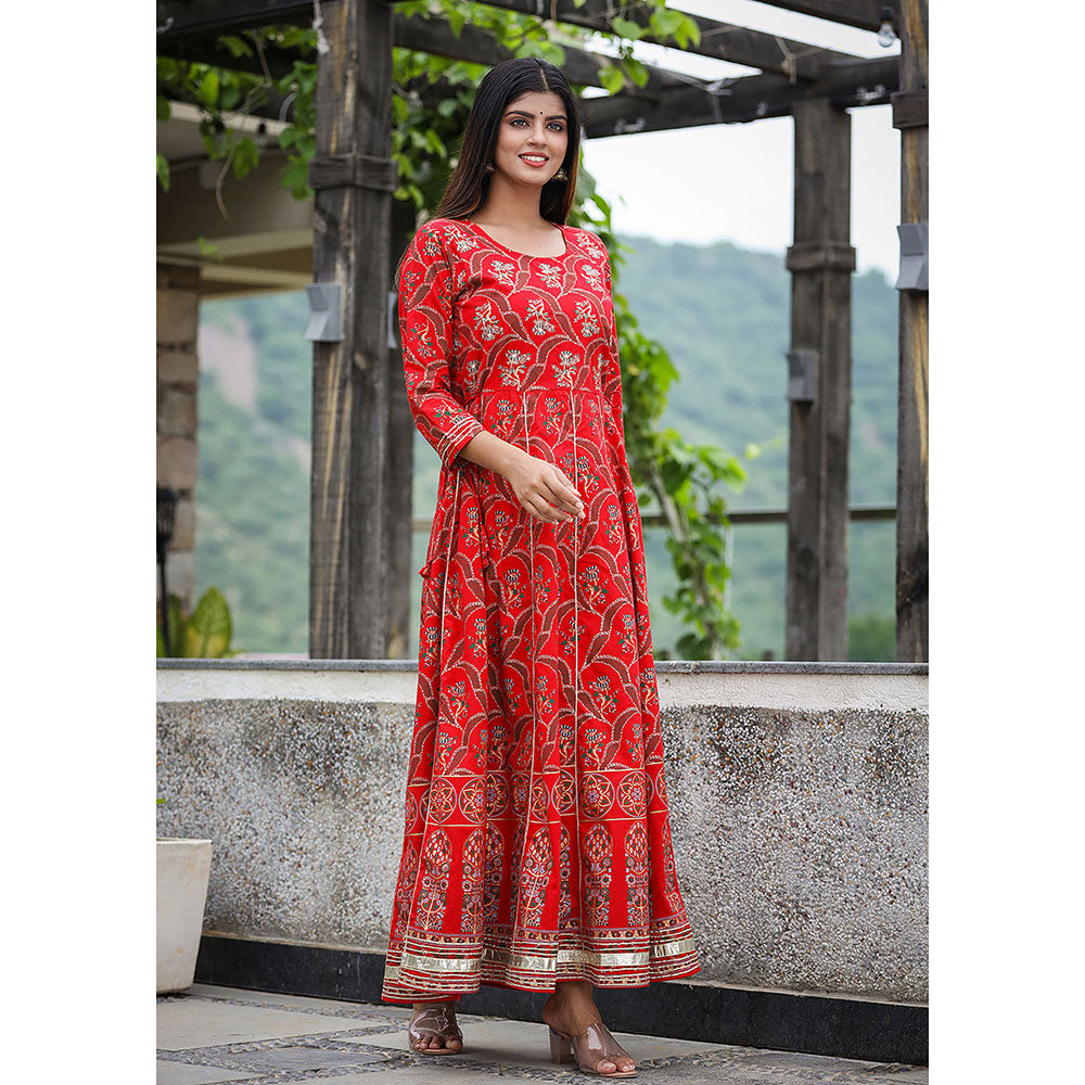 KAAJH Red Gold Print Cotton Ethnic Dress