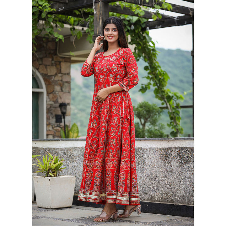 KAAJH Red Gold Print Cotton Ethnic Dress