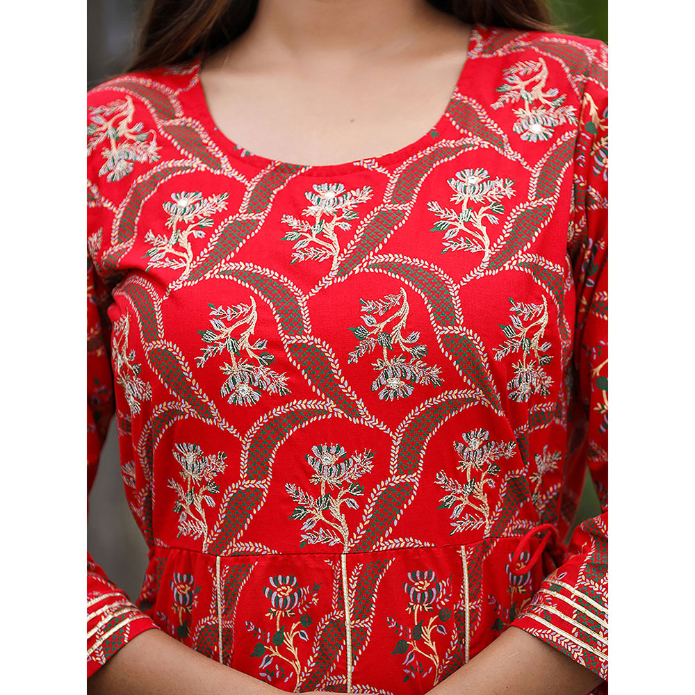 KAAJH Red Gold Print Cotton Ethnic Dress