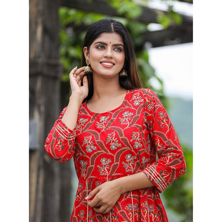 KAAJH Red Gold Print Cotton Ethnic Dress