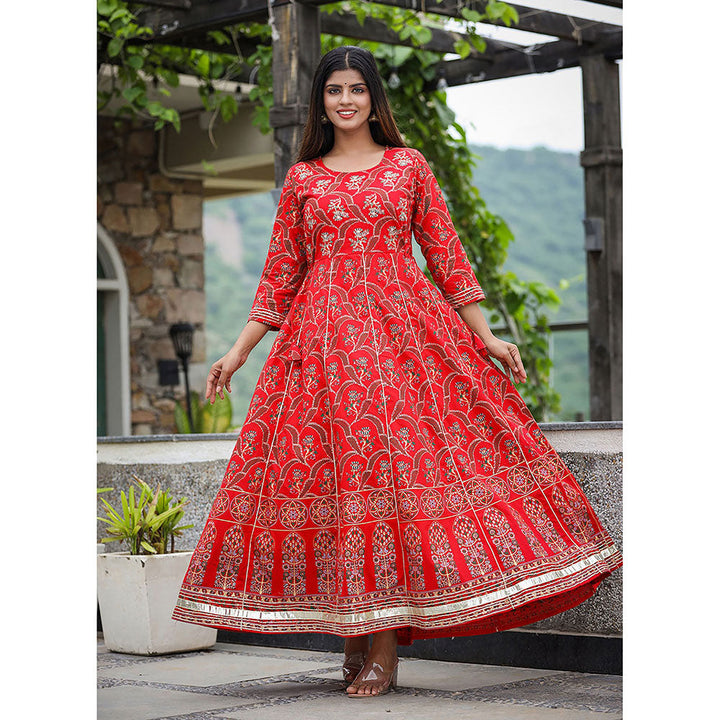 KAAJH Red Gold Print Cotton Ethnic Dress