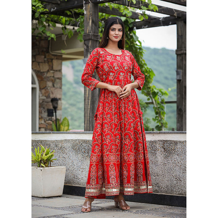 KAAJH Red Gold Print Cotton Ethnic Dress