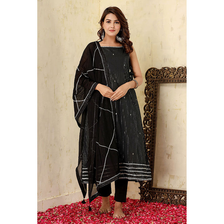 KAAJH Black Cotton Lurex Embroidered Sleeveless Kurta Pants (Set of 3)